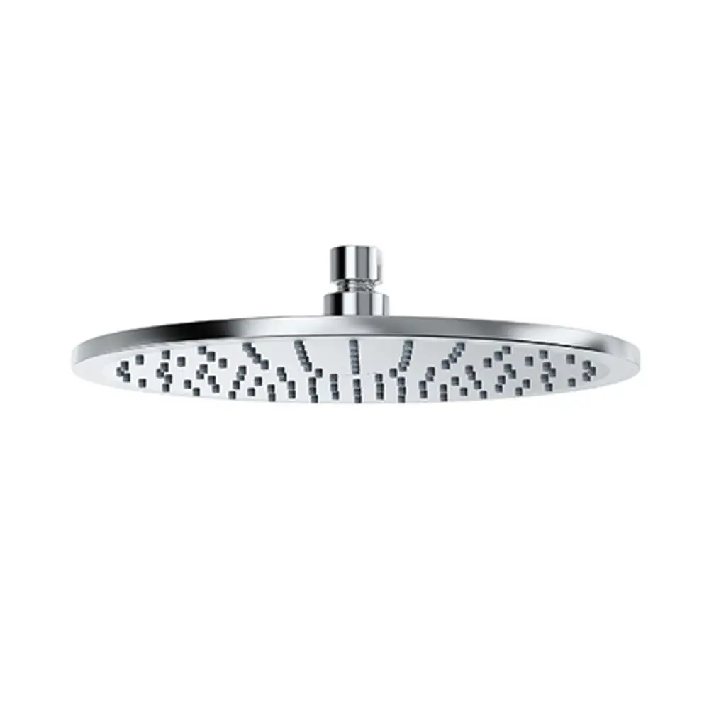 Chrome-farbene Kopfbrause von Kludi mit flachem, runden Design und gleichmäßig angeordneten Düsen für den Wasserstrahl.